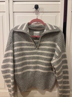 Pink Rose Grey and White Striped Half-Zip Pullover Sweater